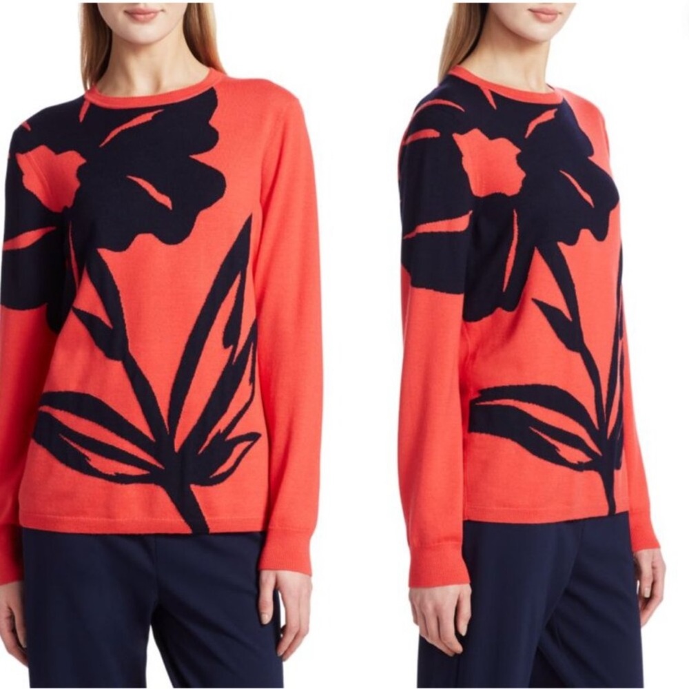 St. John Oversized Floral Intarsia Knit Wool Sweater In Apple Navy XL like NEW‎ - Picture 14 of 14
